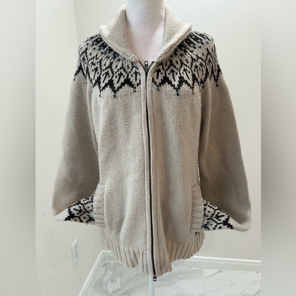 Roots Beige Zip-Up  Sweater with Black Fair Isle Yoke, Size XL - Picture 2 of 4